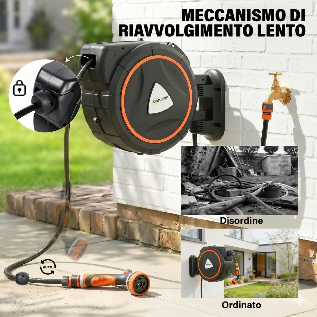 Outsunny 28+2m Retractable Hose Reel with Automatic Rewind and Locking System