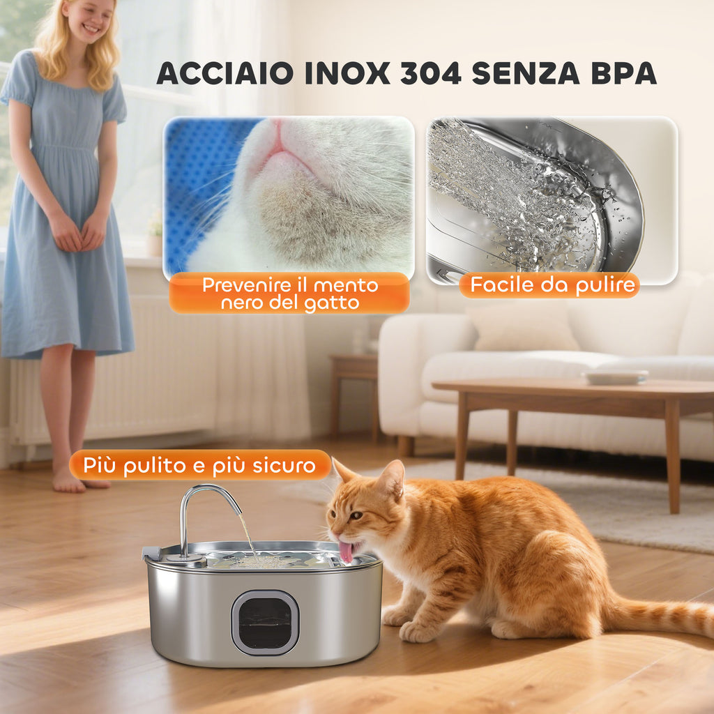 7L Cat Water Fountain with LED Light and Brush, 304 Stainless Steel, 32x22.1x22.3 cm, Silver