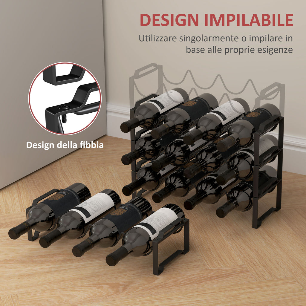 4-Tier Stackable Wave Bottle Rack for 16 Bottles, Metal, 42.5x16.5x41 cm, Black