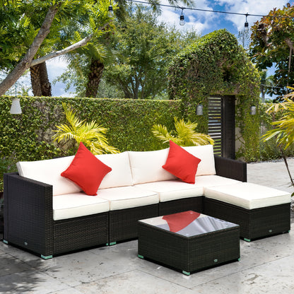 PE Rattan Garden Furniture Set 4 Armchairs 1 Stool 1 Tempered Glass Coffee Table 2 Cushions