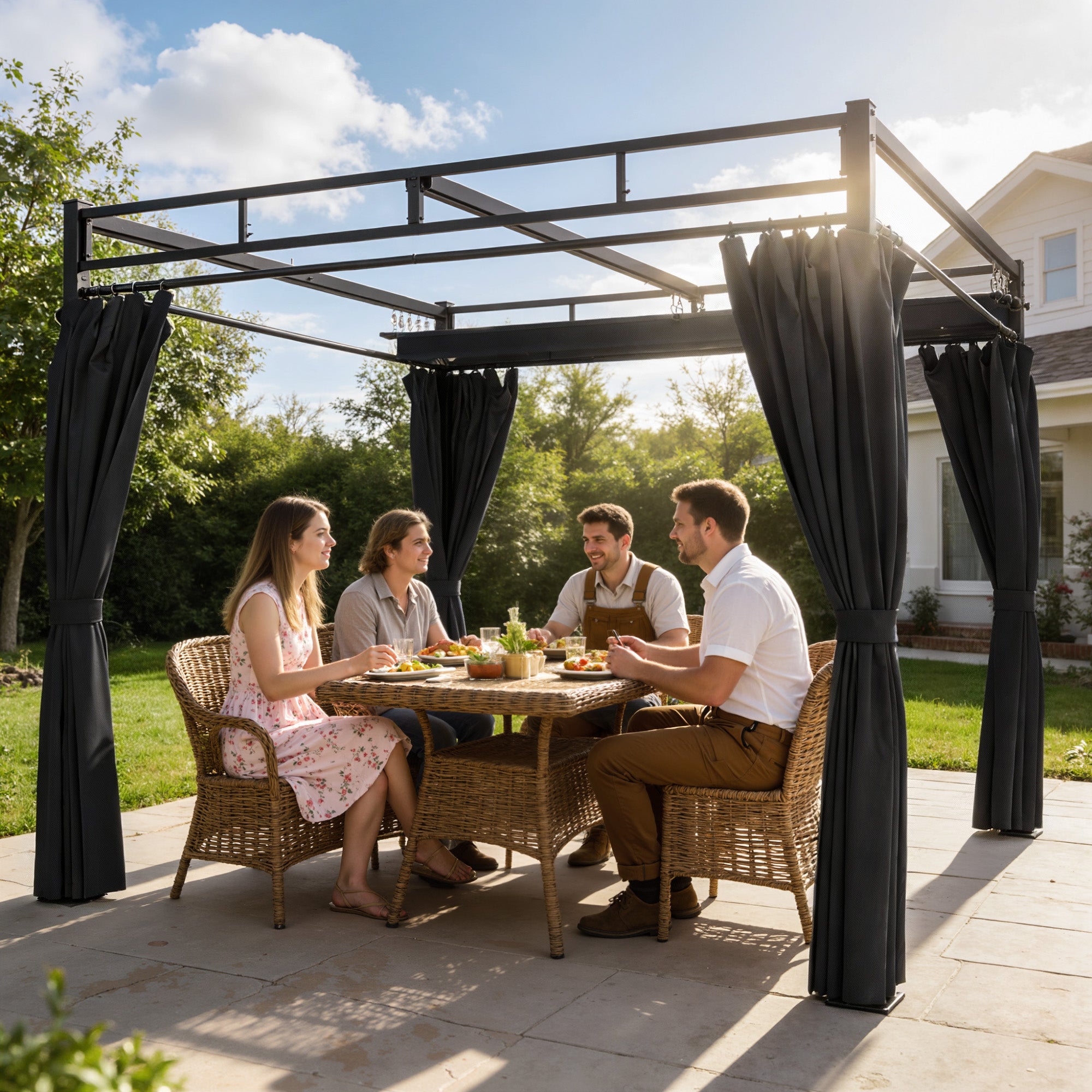 Outsunny Pergola Gazebo 3x3 m with Sliding Roof UV30+ and 4 Side Walls, Dark Grey
