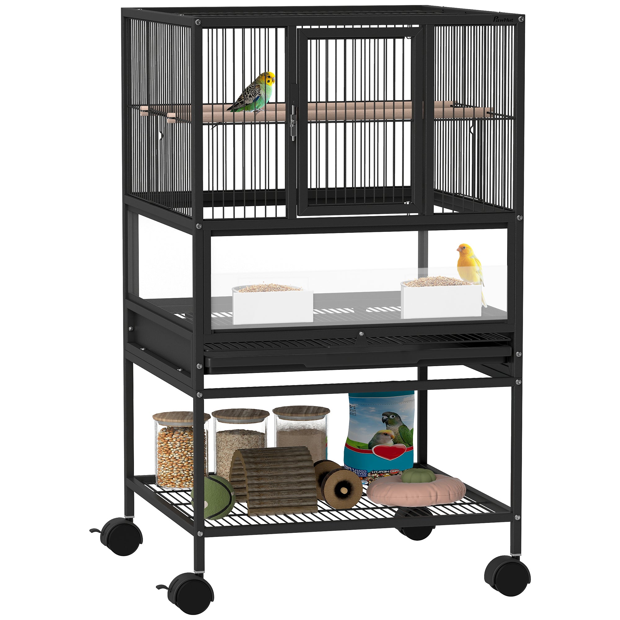 Bird Cage with Bottom Shelf, Removable Tray and Grid, Steel and PP, 48x46x83 cm, Black