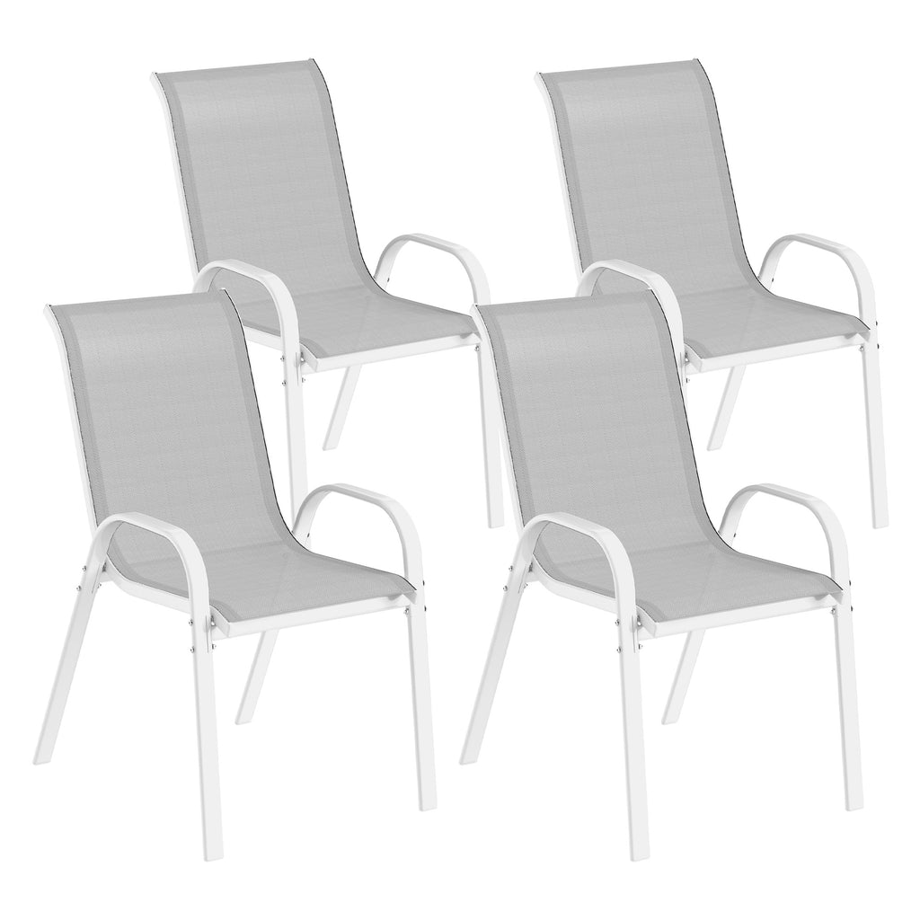 Outsunny Set of 4 Stackable Garden Chairs with Curved Armrests, Steel and Breathable Fabric, 54x71x93 cm, Grey and White