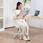 Padded Office Chair with Heart-Shaped Backrest and Wheels, in Teddy Velvet and Plastic, 45x56x78-88 cm, White