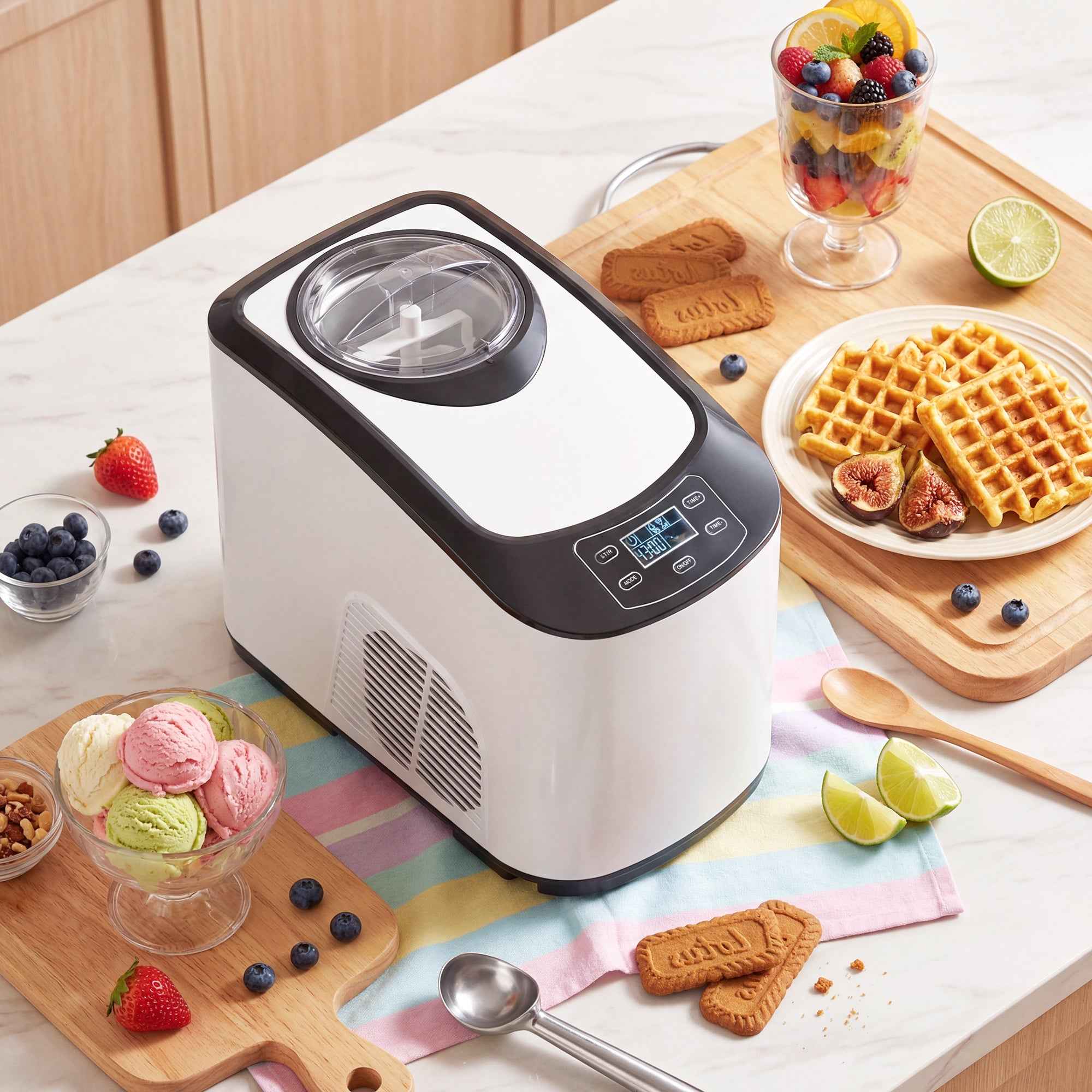 Ice Cream Maker with Built-in Compressor 1.5L, Soft and Hard Modes, Auto-Keep Cold Function, White