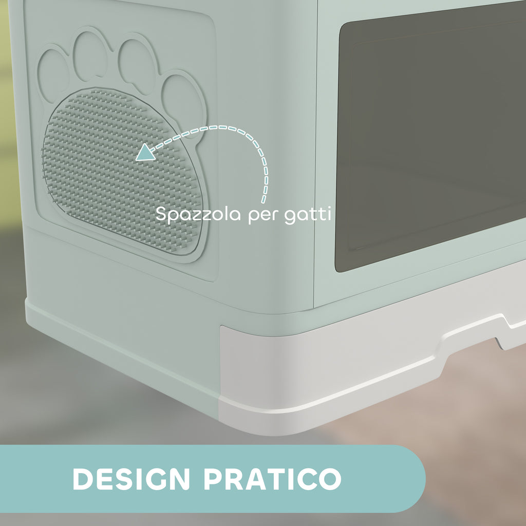 Cat Litter Box with Lid and Double Entry, Removable Tray, Scoop and Brush, Green