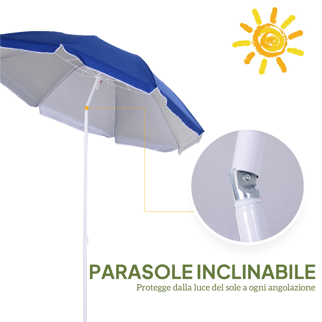 Tilting Beach Umbrella with Reflective Lining, in Steel and Polyester, Ø1.7x2.05 m, Blue