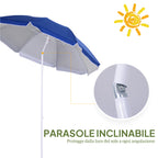 Tilting Beach Umbrella with Reflective Lining, in Steel and Polyester, Ø1.7x2.05 m, Blue
