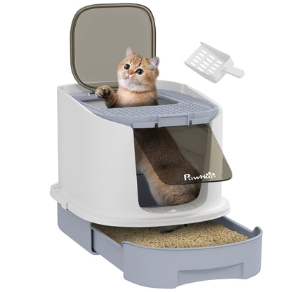 Enclosed Cat Litter Box with 2 Doors, Removable Tray, Scoop and Deodorizer, Grey