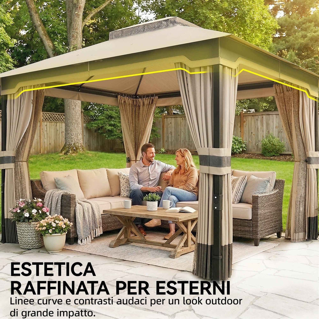 Outsunny Gazebo 3x3.6m with Mosquito Net, Curtains, Double-Layer Roof, Khaki