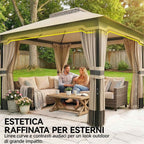 Outsunny Gazebo 3x3.6m with Mosquito Net, Curtains, Double-Layer Roof, Khaki