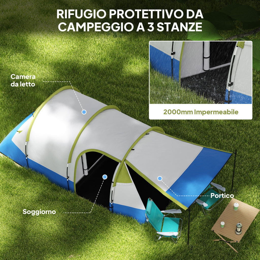 Waterproof Camping Tent with 2 Areas and 3 Entrances, Polyester and Fiberglass, 420x200x150 cm, Green