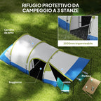 Waterproof Camping Tent with 2 Areas and 3 Entrances, Polyester and Fiberglass, 420x200x150 cm, Green