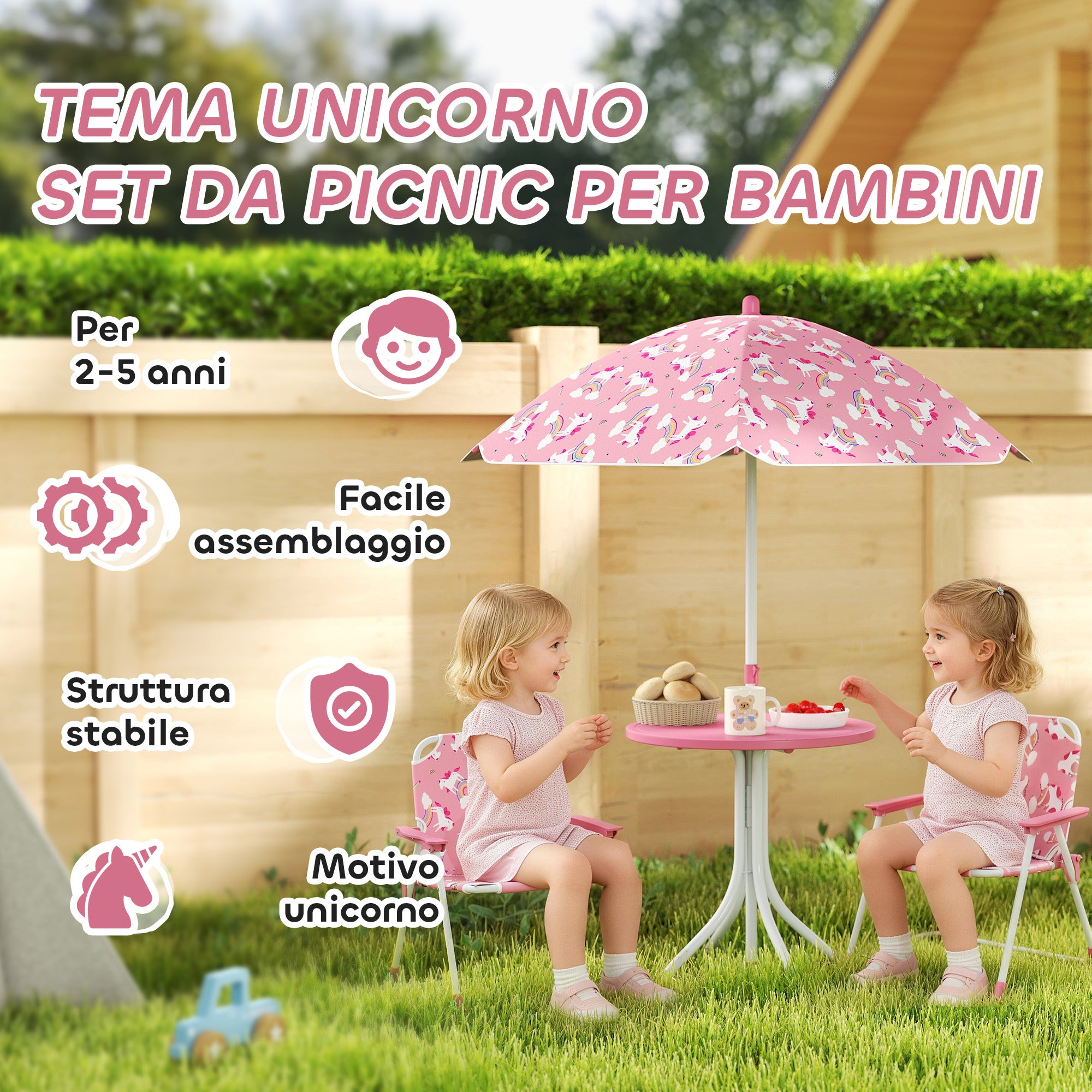 AIYAPLAY Kids Picnic Table and Chair Set with Pink Umbrella
