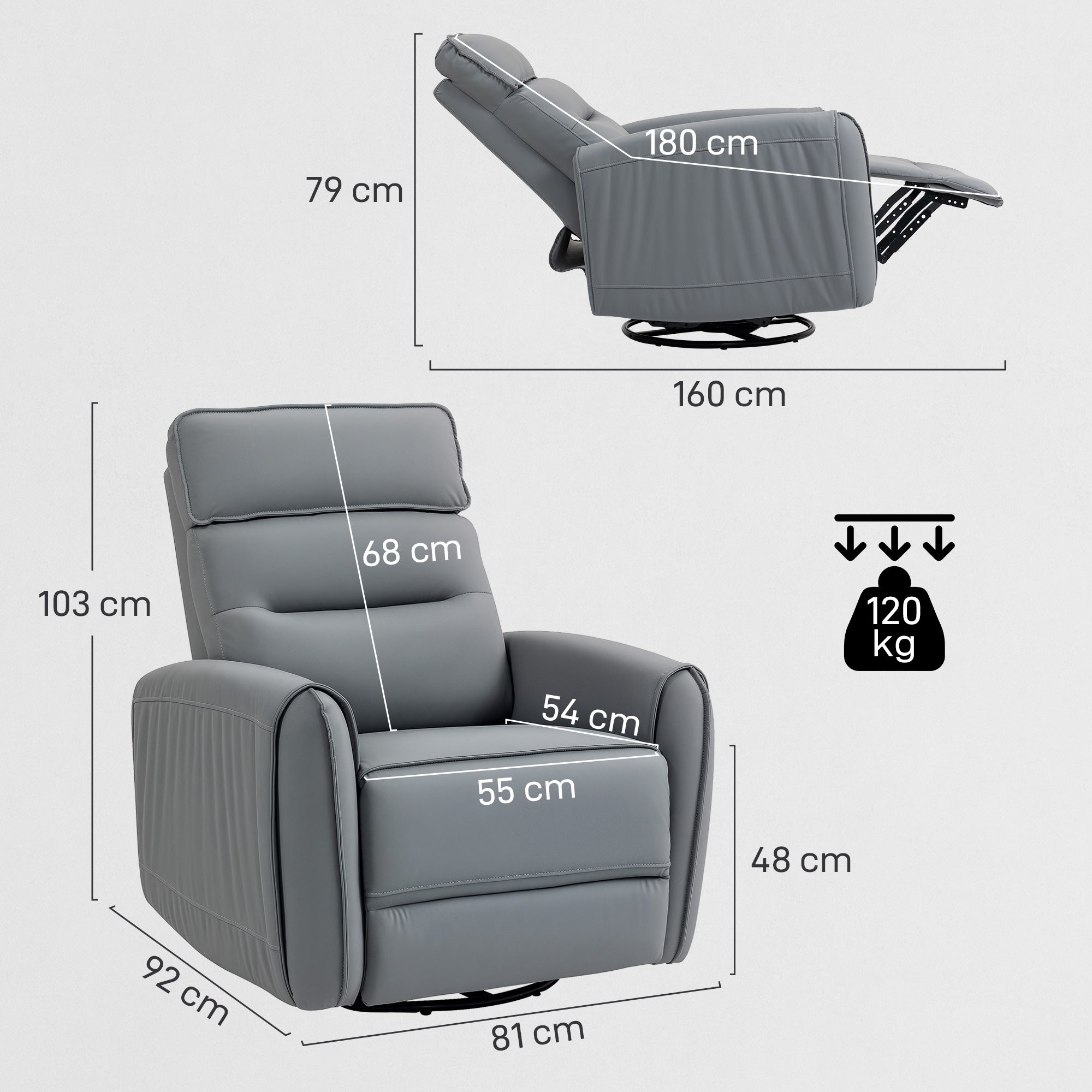 Manually Reclining Relaxing Chair with Leather-Effect Fabric Footrest and Swivel Base, Grey