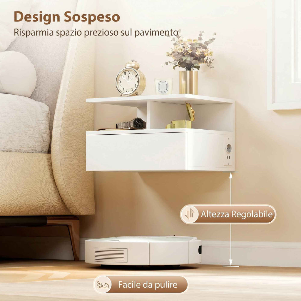 HOMCOM Set of 2 Floating Bedside Tables with Charging Station, Drawer and Open Shelf, Wooden, 40x35x30 cm, White