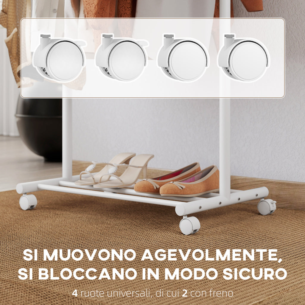 Freestanding Coat Rack with Wheels, 5 Hooks and Lower Shoe Shelf, White
