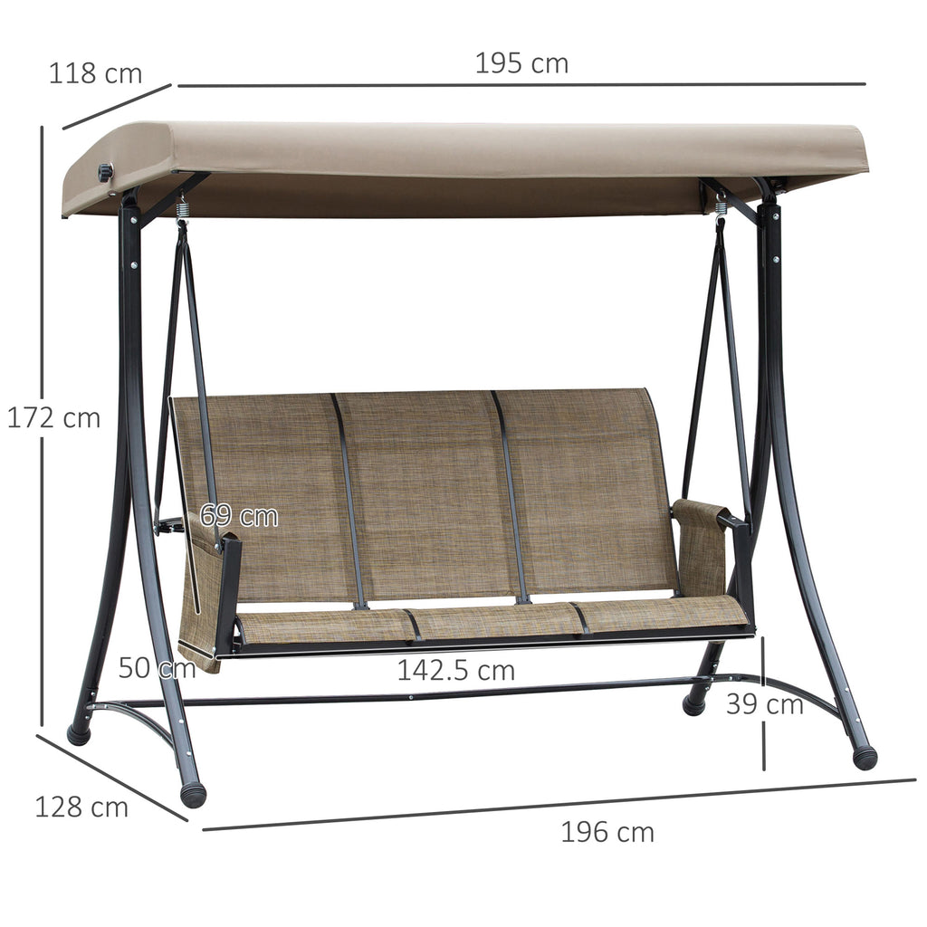 3-Seater Garden Swing with Adjustable Canopy and Storage Pockets, Brown, 196 x 128 x 172 cm