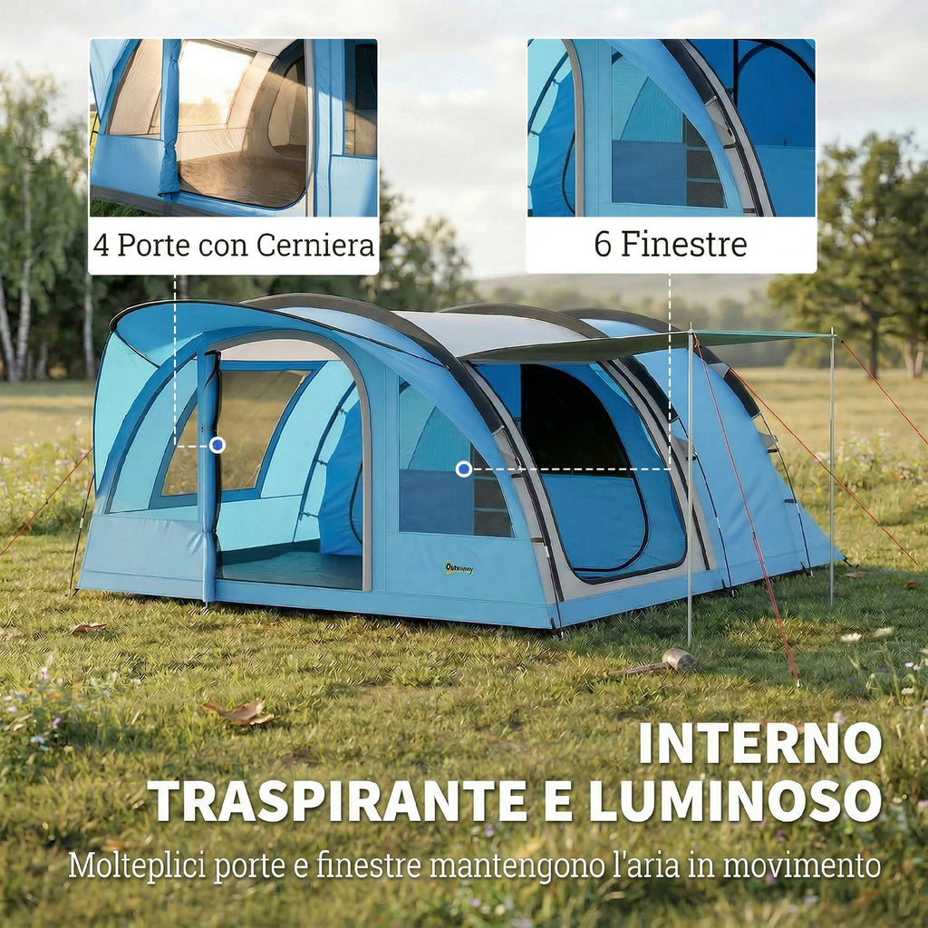 Outsunny 2-4 Person Tunnel Tent, 200cm High, 2 Bedrooms, 3000mm Waterproof, for Trekking, Blue