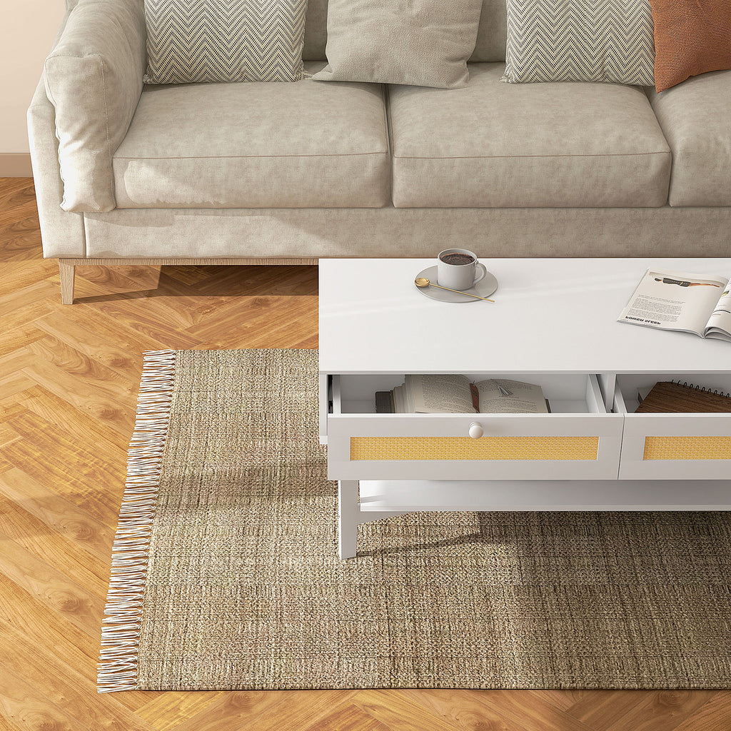 Boho Coffee Table with 2 Drawers and Shelf, Rattan and Chipboard, 120x50x50 cm, White and Wood Color - Borgè