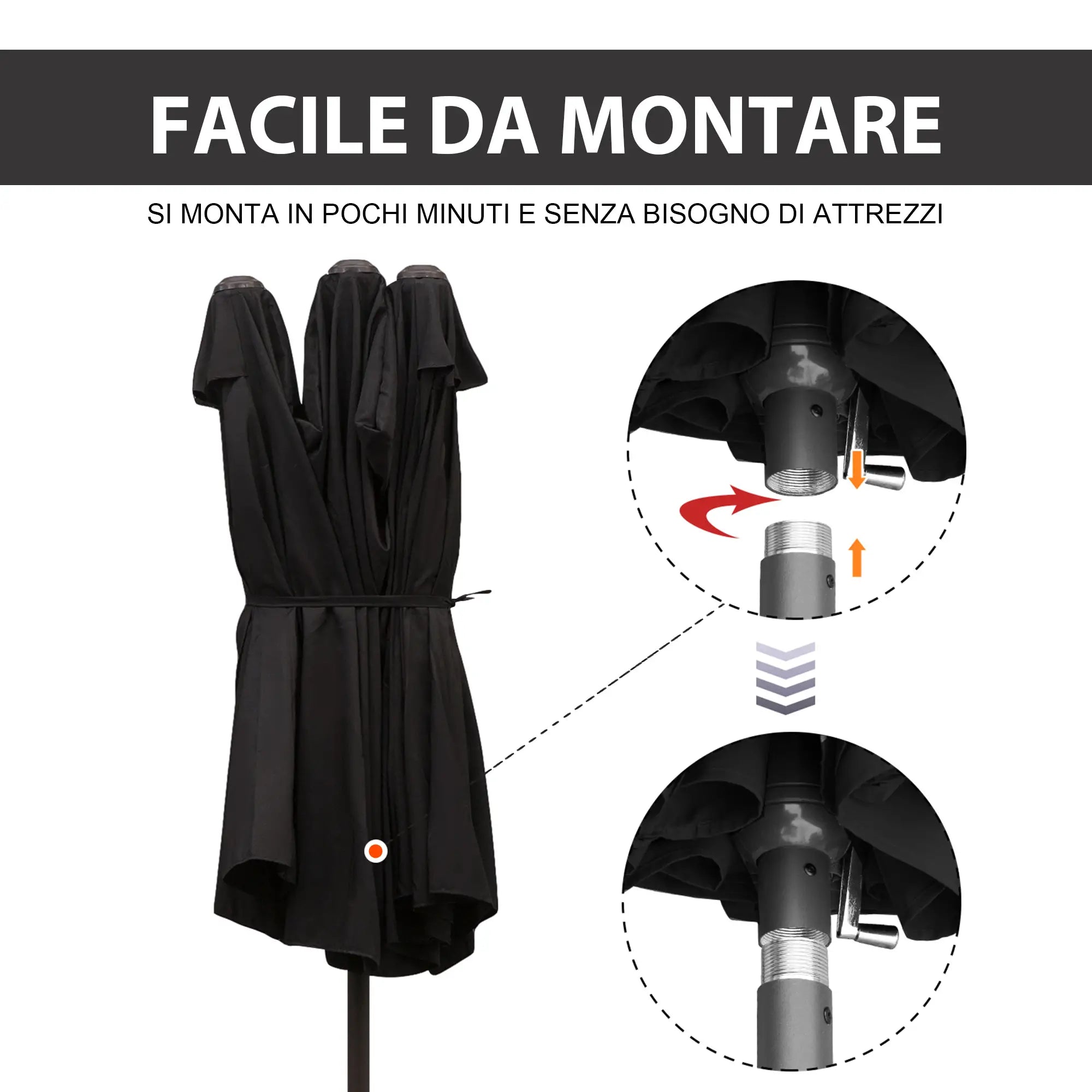 Double Garden Umbrella with Crank Opening, in Steel and Polyester, 460x270x240 cm, Black - Borge' Group Limited