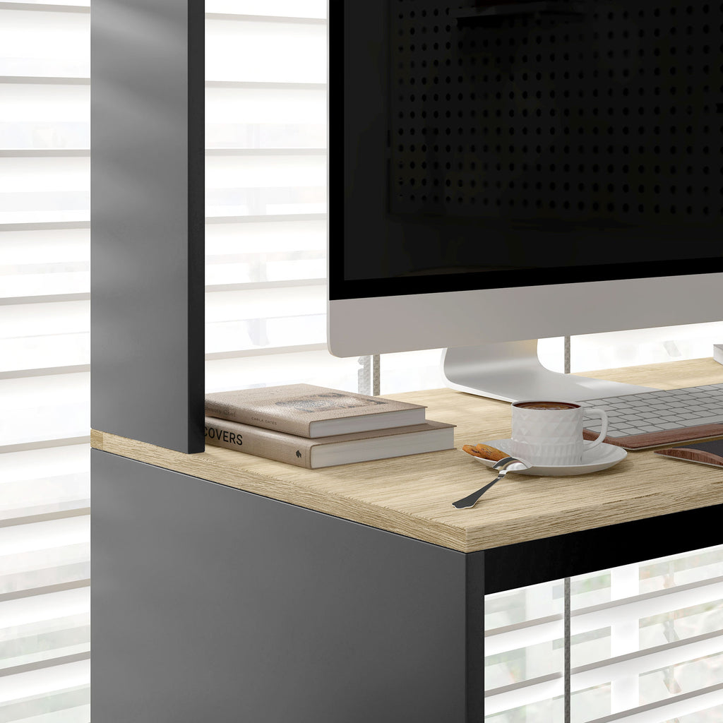 HOMCOM Modern Desk with Shelves and Wooden CPU Support, 114x45x138cm, Gray and Natural Wood - Borgè