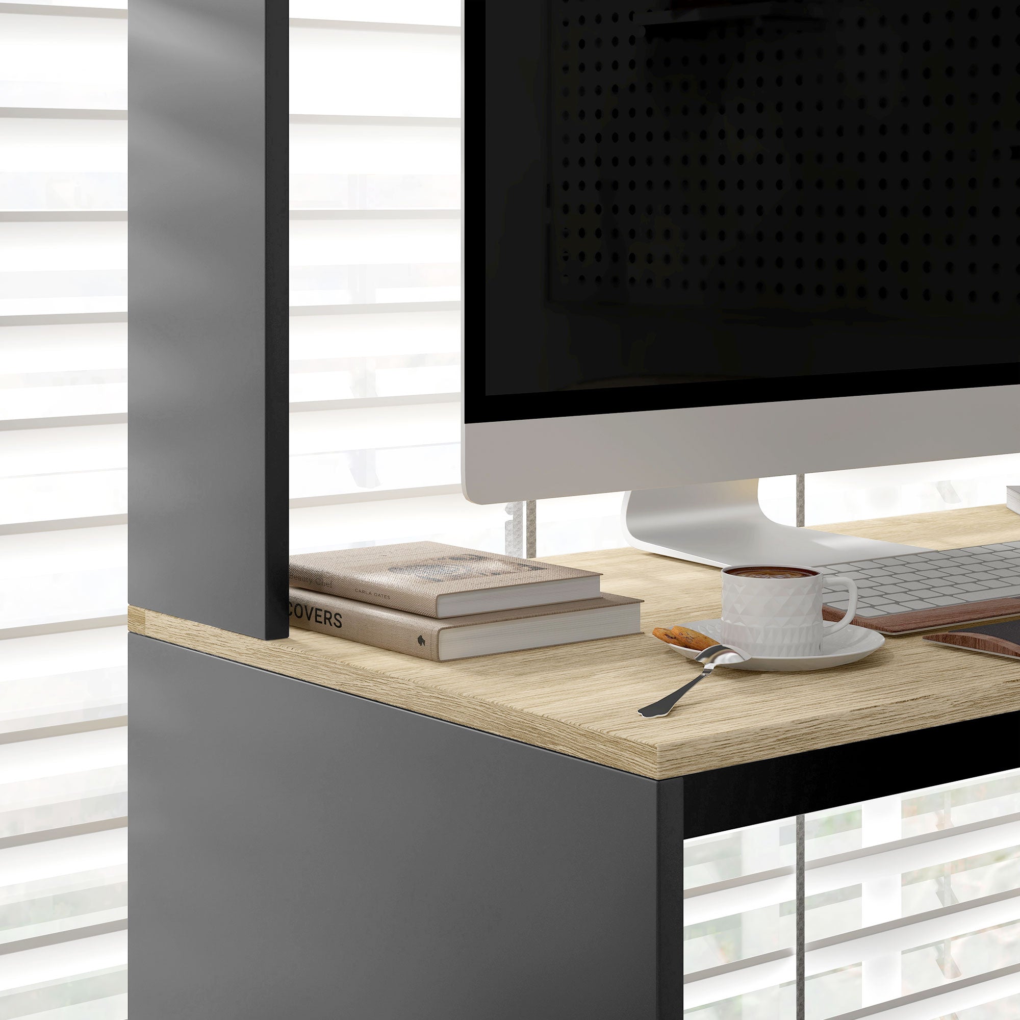 HOMCOM Modern Desk with Shelves and Wooden CPU Support, 114x45x138cm, Gray and Natural Wood - Borgè