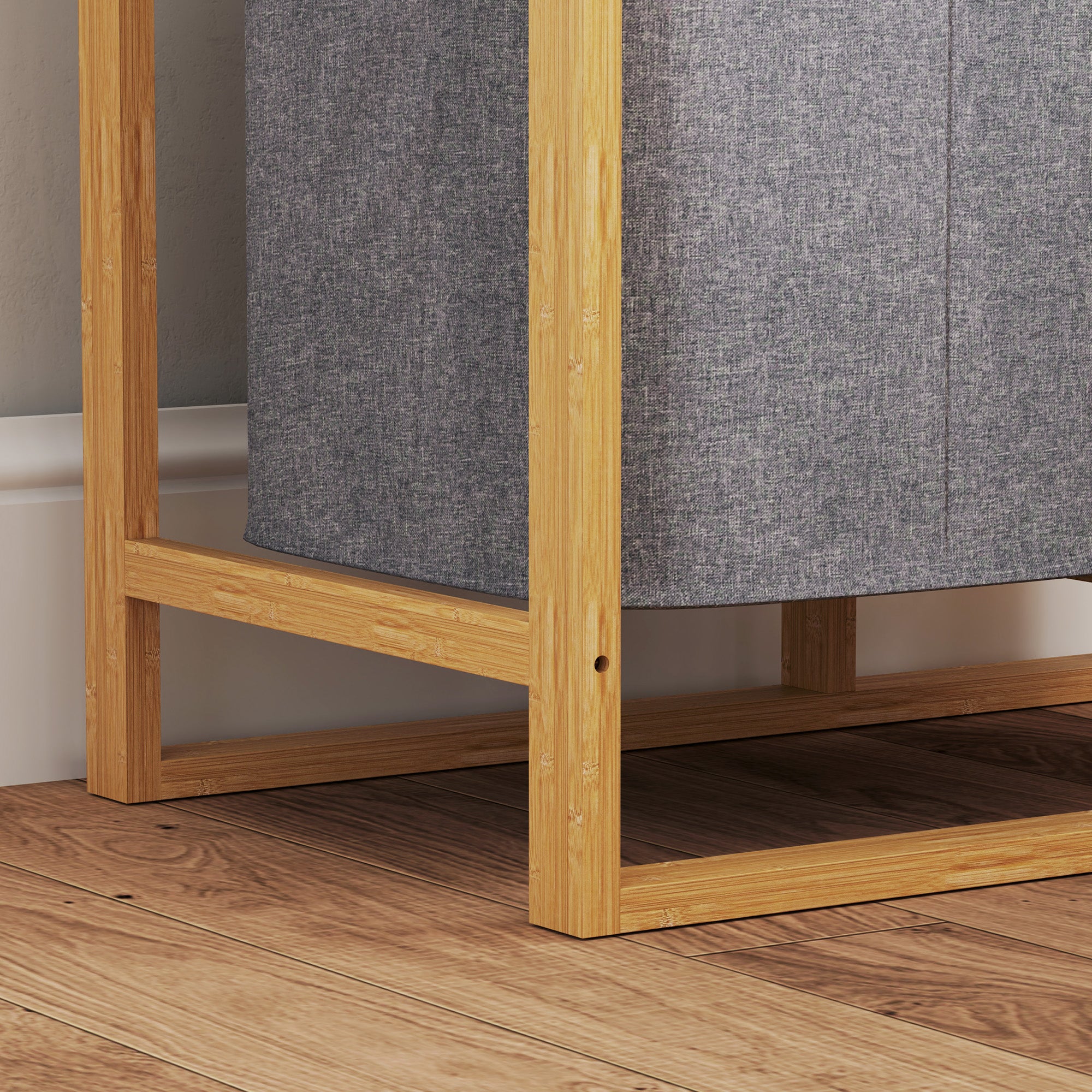 Laundry Basket with Pull-Out Bag and Bamboo Slatted Shelves, 50x32x70 cm, Grey