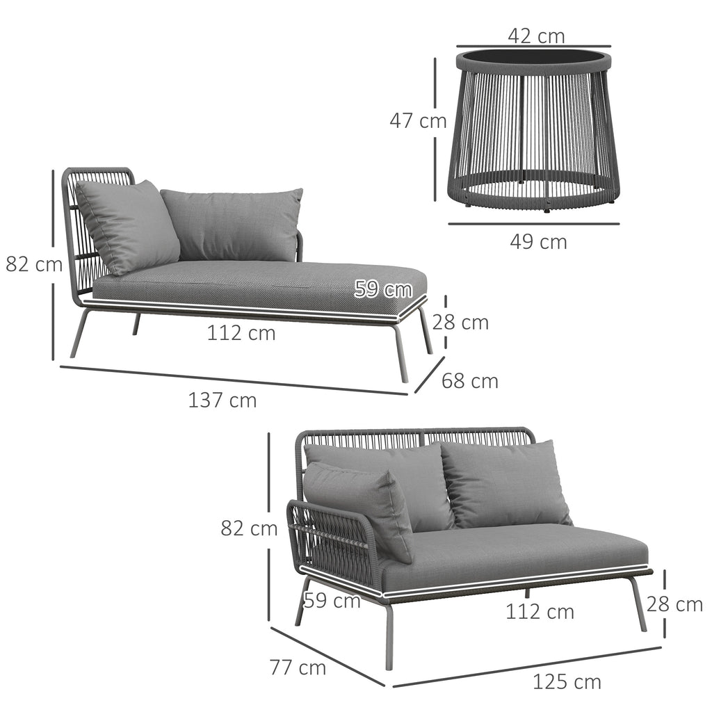 Boho Style PE Rattan Garden Set, 2 Seater Sofa with Chaise Longue and Coffee Table, Light Grey
