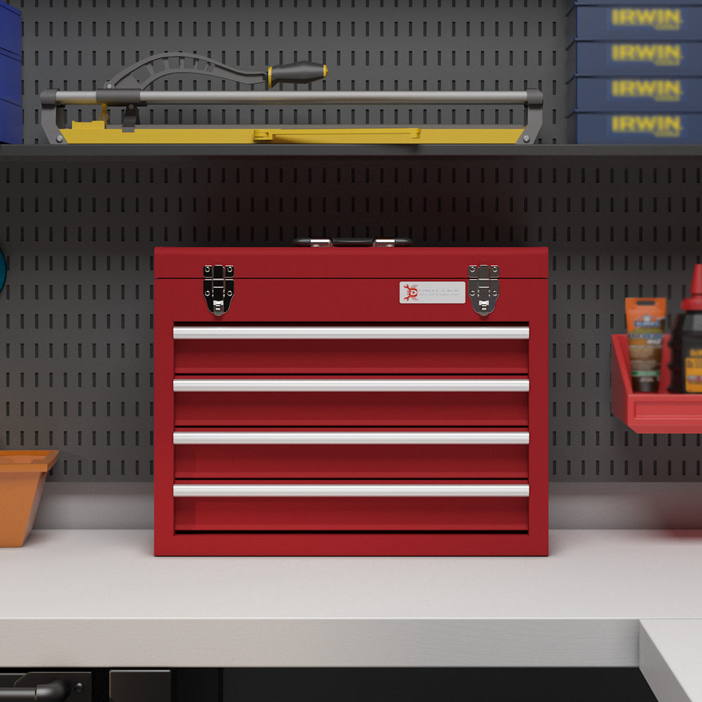 DURHAND Steel Tool Box with 4 Drawers, Double Locking Top Tray, 51x22x39.5 cm, Red