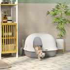 Closed Cat Litter Box with Cat Flap and Scoop, in PP, 58x46x39 cm, Light Gray and White