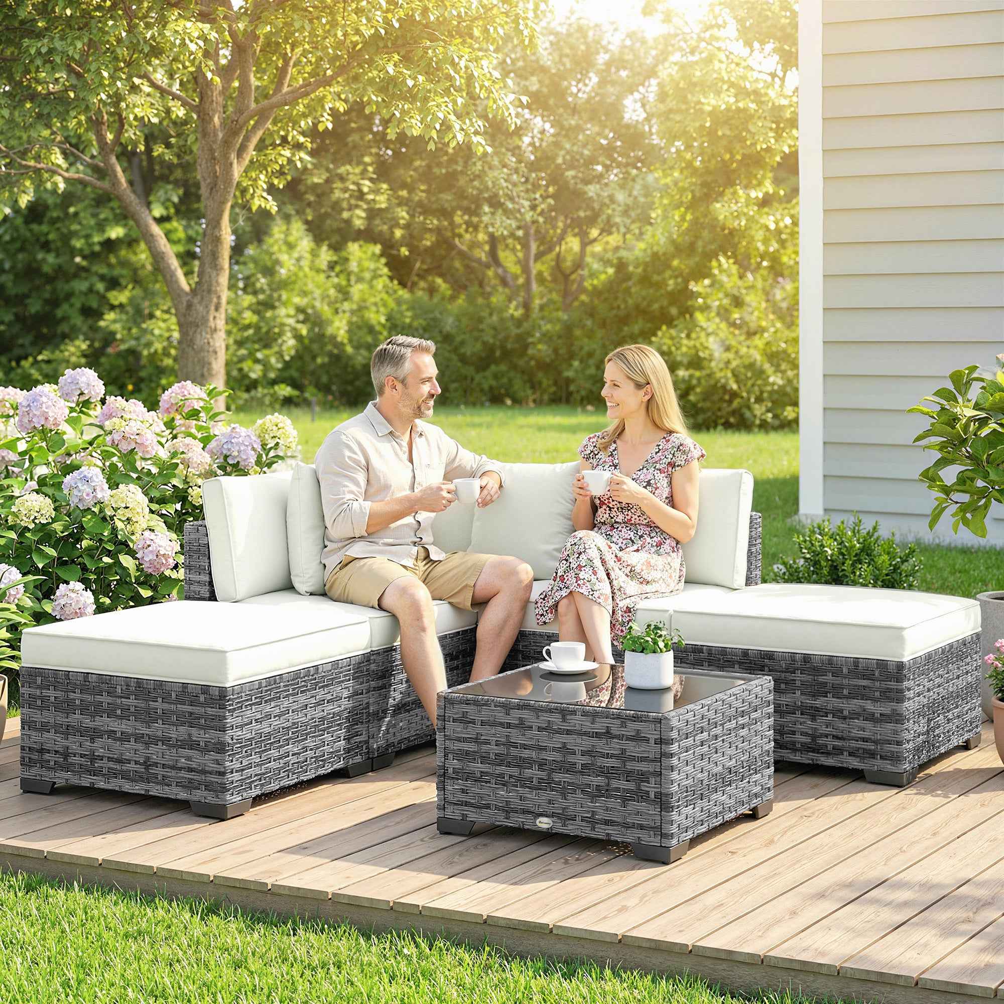 Outsunny 6-Piece Rattan and Steel Garden Furniture Set with Sofa, Coffee Table, and Cushions, Grey