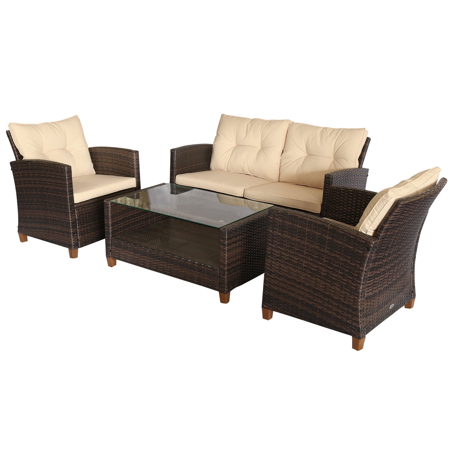 NARCO | 4 Piece PE Rattan Garden Furniture Set and Coffee Table, Upholstered Sofa and Armchairs Brown and Beige 124x68x76cm