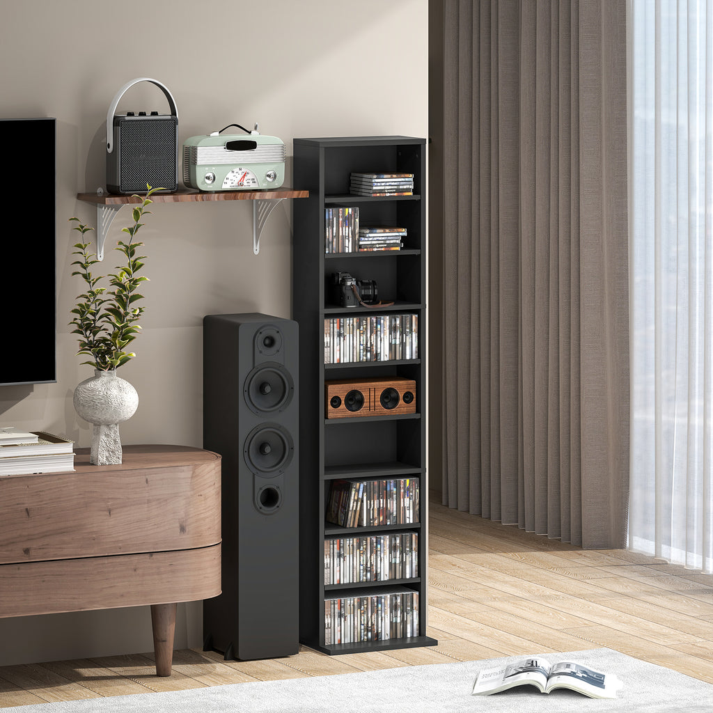 CD Rack with 6 Adjustable Shelves, Capacity of 260 CDs/120 DVDs, 33x24x140 cm, Black