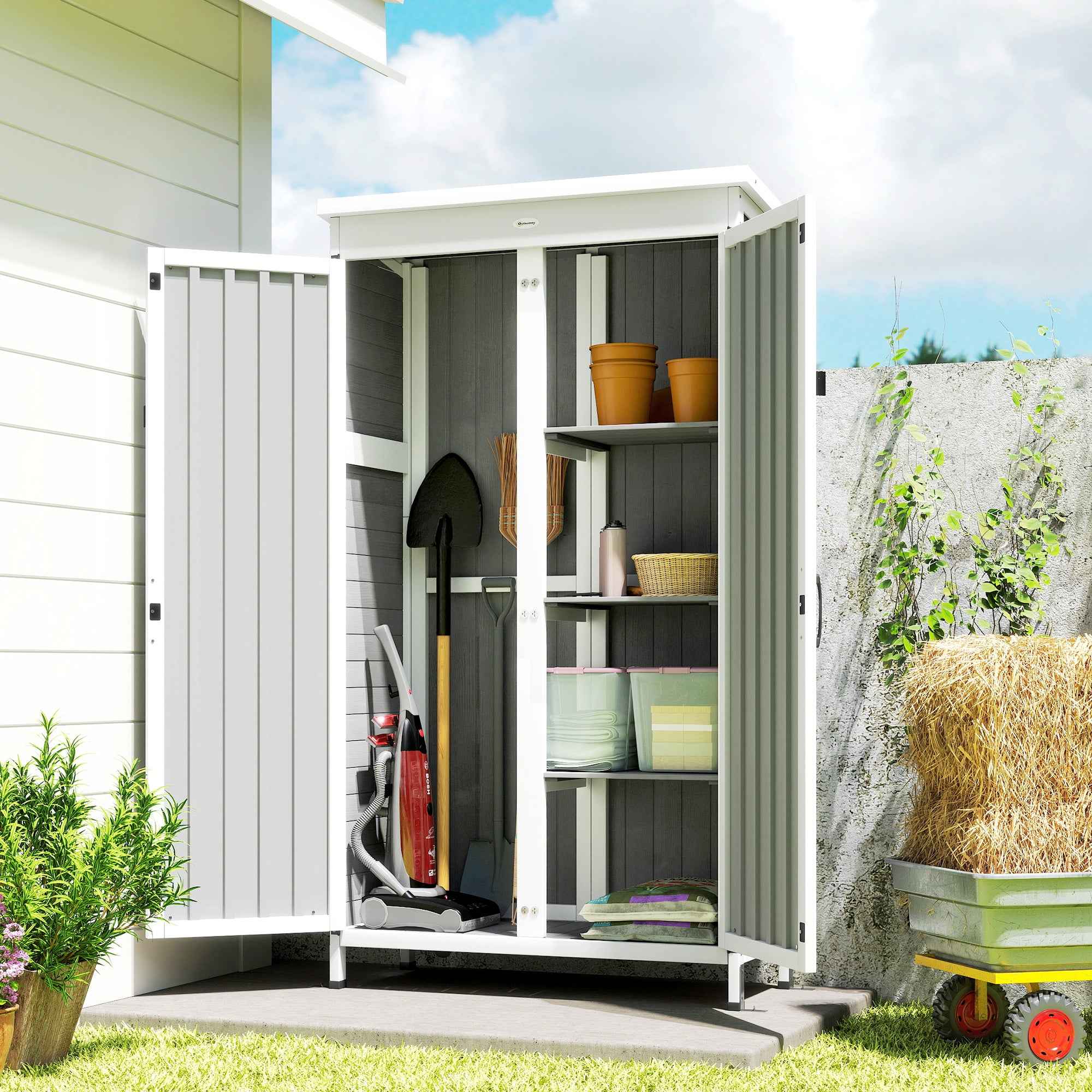 Outsunny Garden Cabinet with Removable Shelves and Lockable Door, Wood and Steel, 94x43x166 cm, White and Black