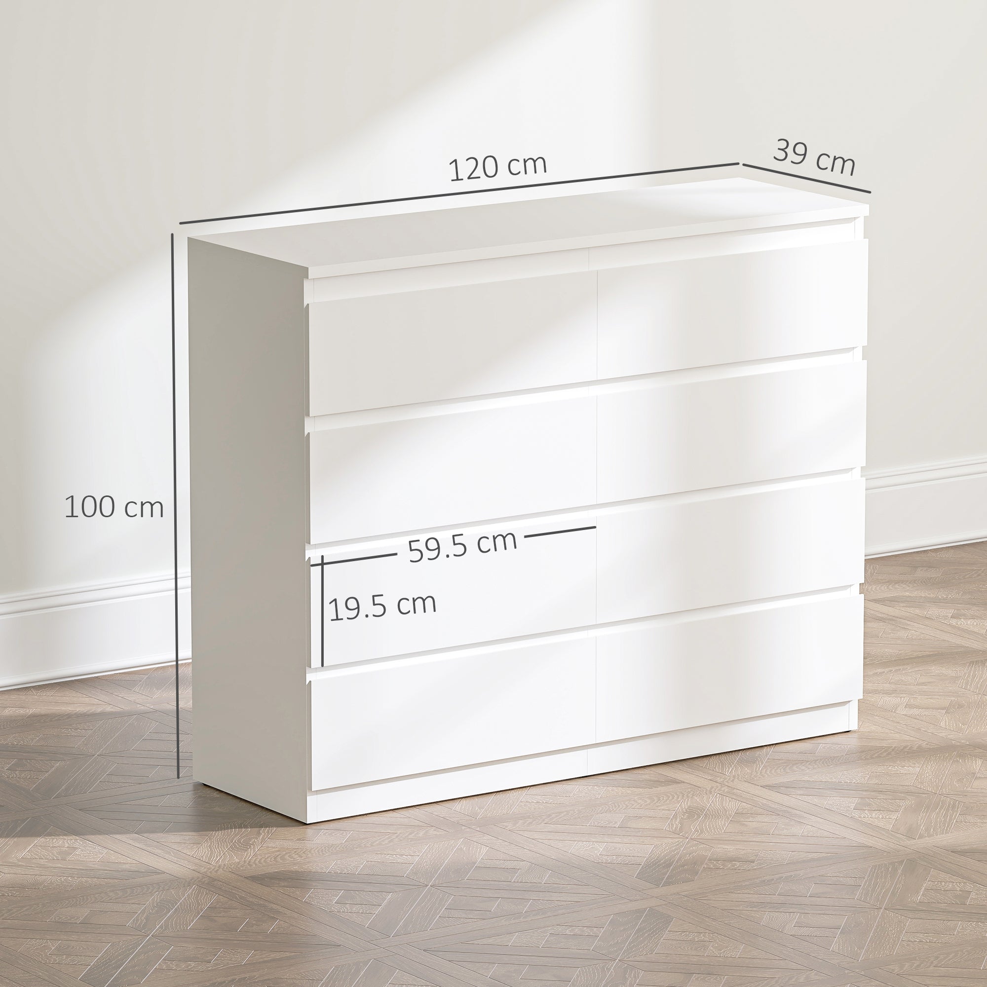 8 Drawer Chest of Drawers for Bedroom Wooden with Grooved Handles, 120x39x100 cm, White