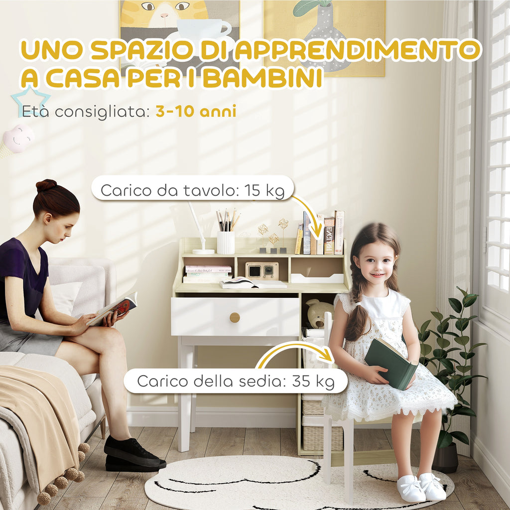 Kids Desk and Chair Set Wooden with Shelf and Drawer, Ages 3-10 Years, White and Wood