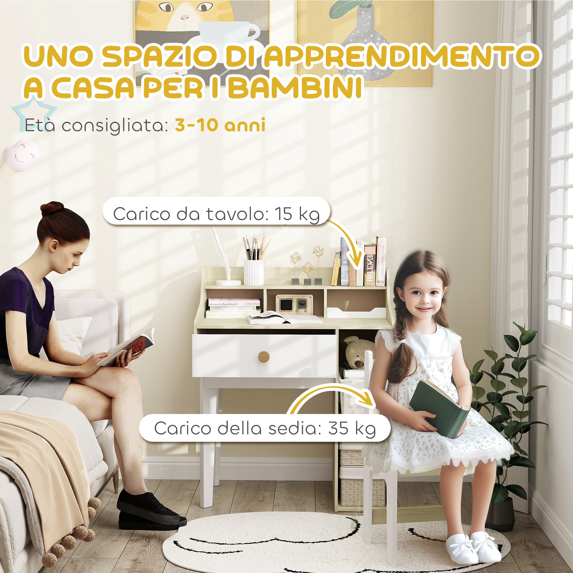 Kids Desk and Chair Set Wooden with Shelf and Drawer, Ages 3-10 Years, White and Wood