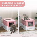 Closed PP Cat Litter Box with 2 Doors with Scoop and Removable Tray, 47.5x35.5x36.7 cm, Pink and White