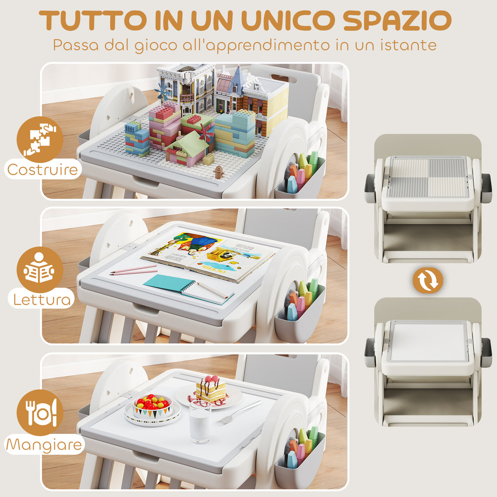 Multipurpose Children's Table with Storage Shelf and Drawers, in HDPE and PP, Grey and White