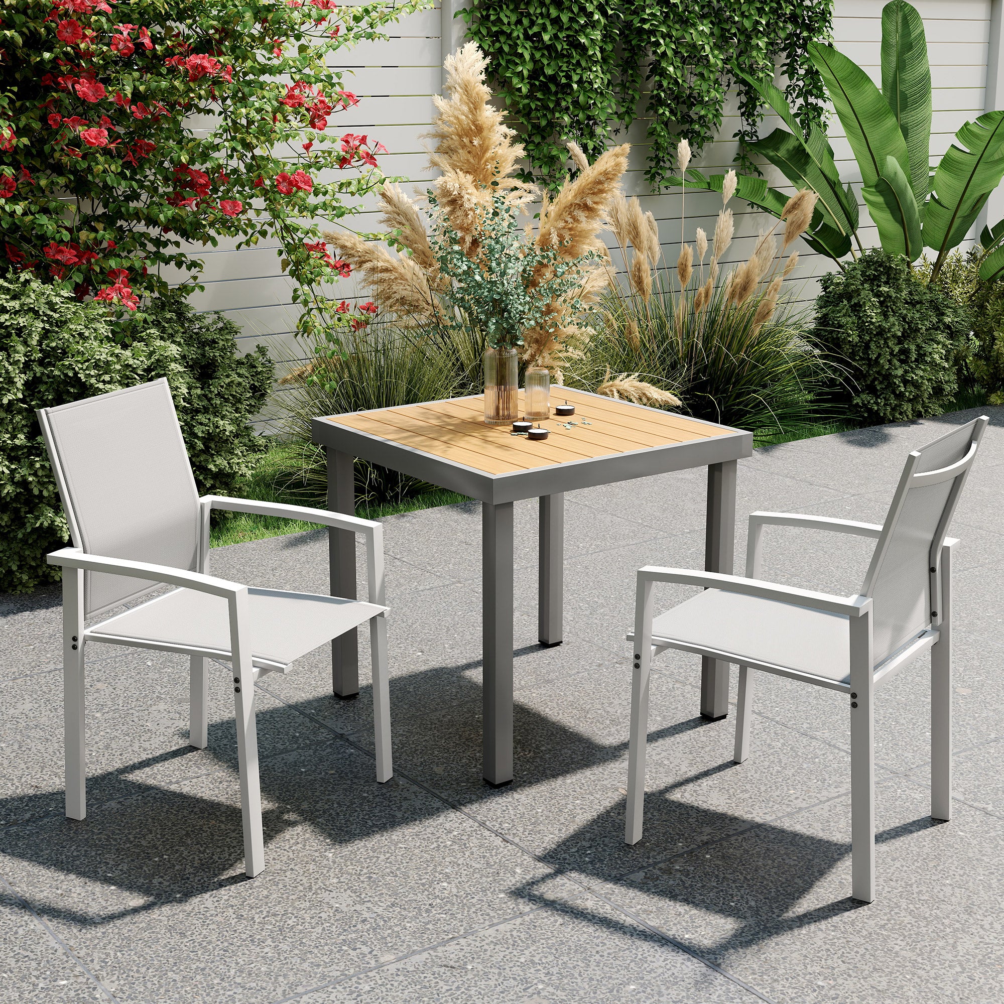Set of 2 Stackable Garden Chairs with Breathable Seat, in Steel and Textilene, 56x58x89 cm, Light Gray