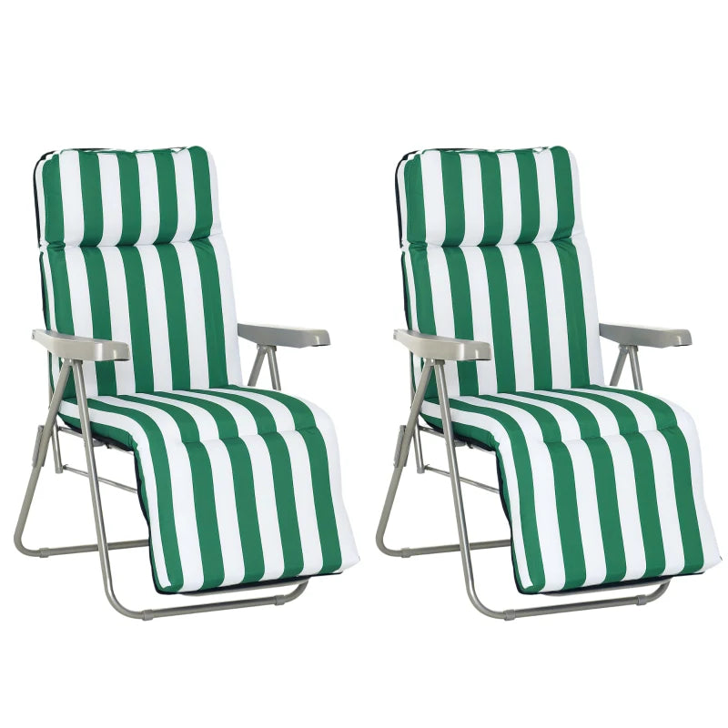 2-Piece Folding and Reclining Beach Chair, Garden Sun Loungers with Padded Cushion, Green and White - Borge' Group Limited