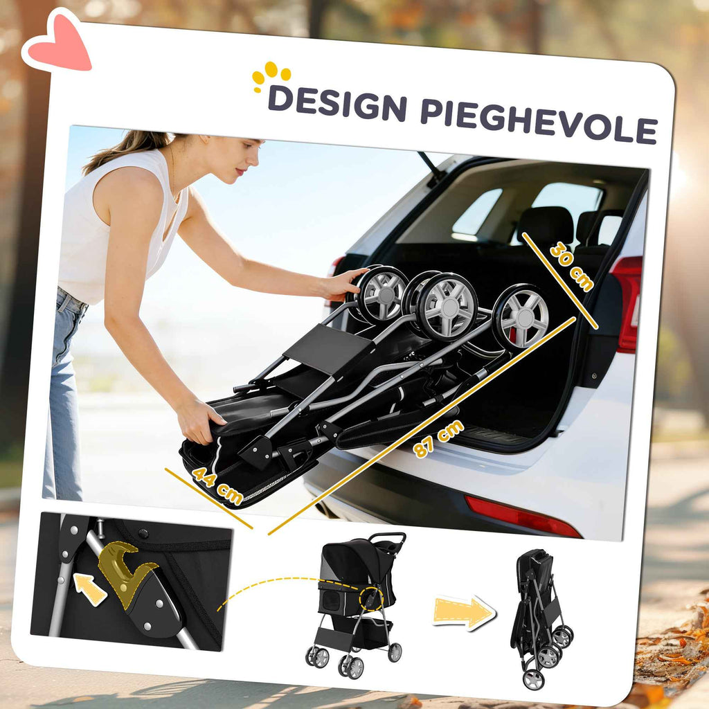PawHut Folding Dog Stroller with Basket and Cup Holder, Max. Weight 10 kg, 77 x 44 x 102 cm, Black