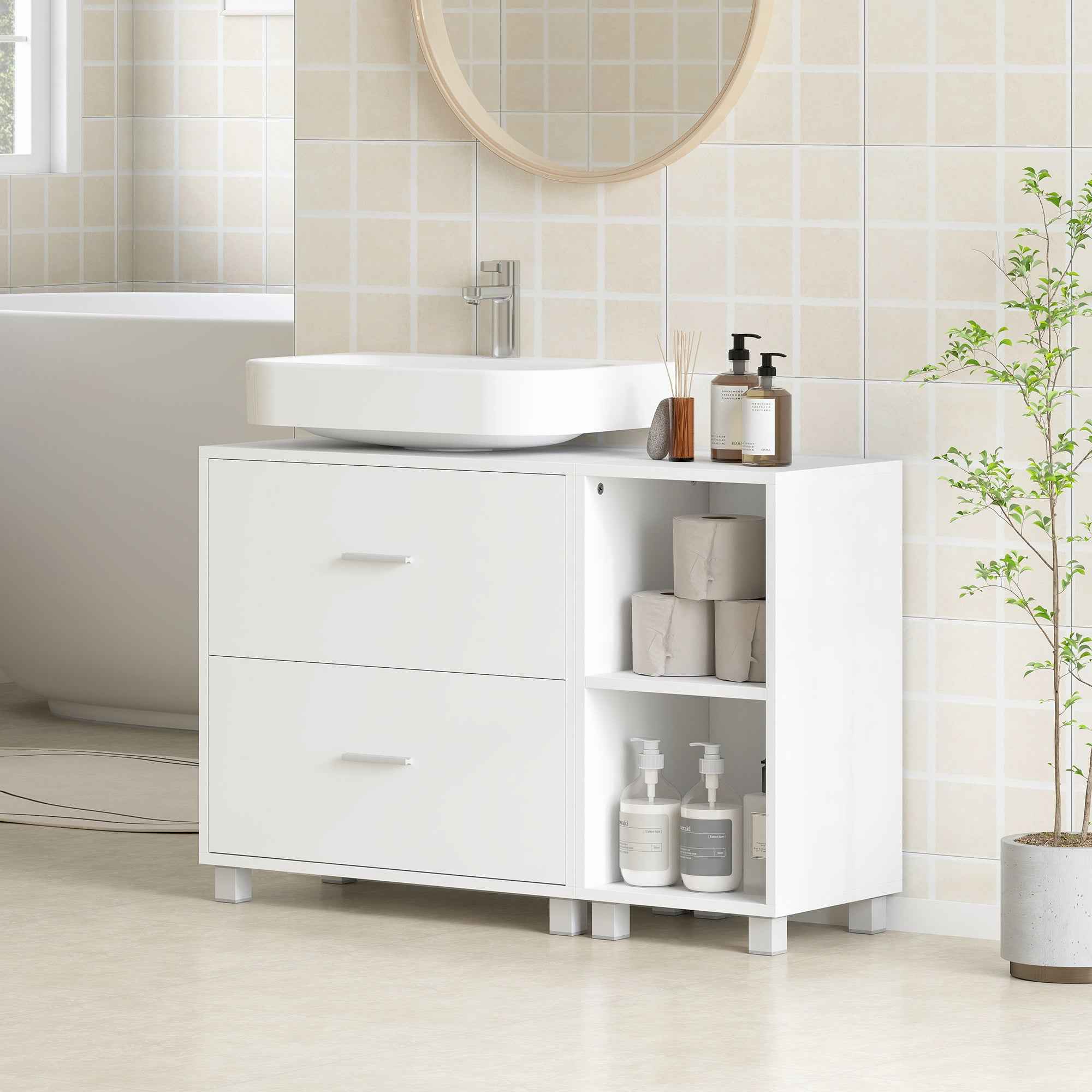HOMCOM Bathroom Vanity Unit with 2 Drawers and Open Shelves, Wooden, 90x30x60 cm, White