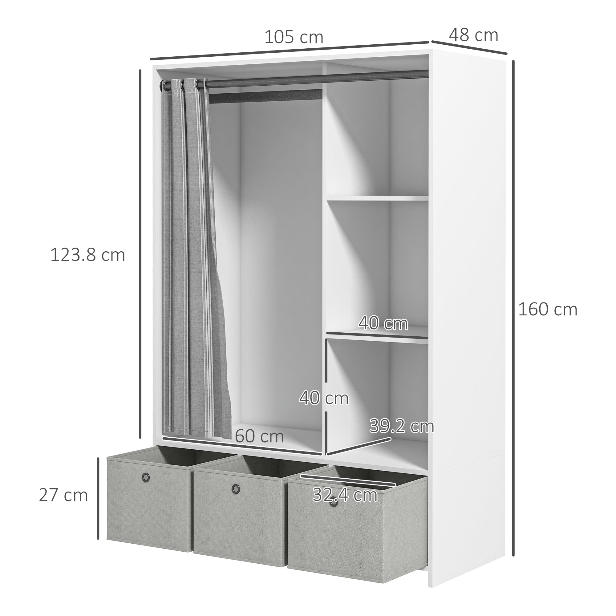 Wardrobe with Hanging Rail, 3 Fabric Drawers and 3 Shelves, 105x48x160 cm, White and Grey