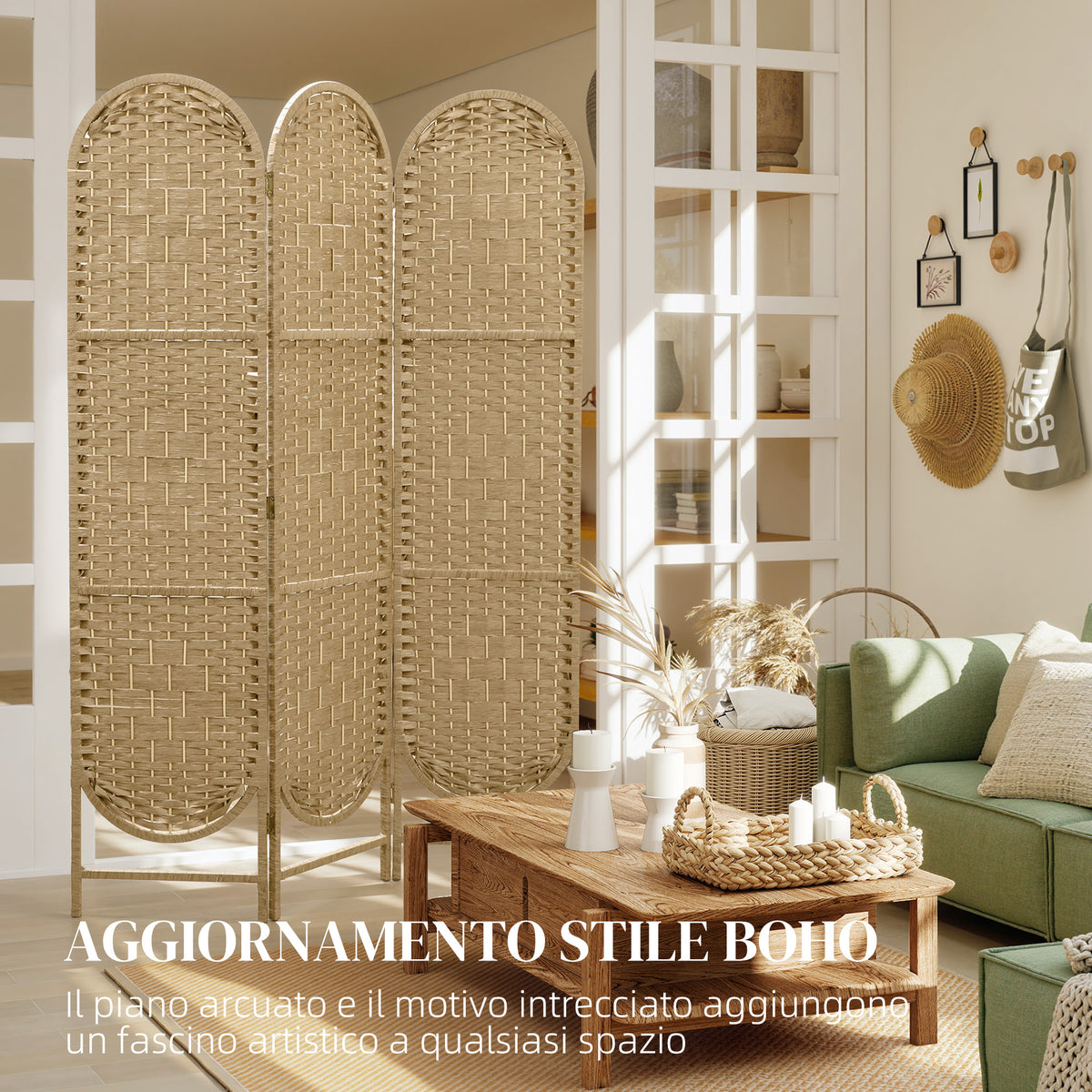 HOMCOM 3-Panel Folding Room Divider, 120x170 cm, Bohemian Style, Made of Paper and Pine Wood, Wood Color