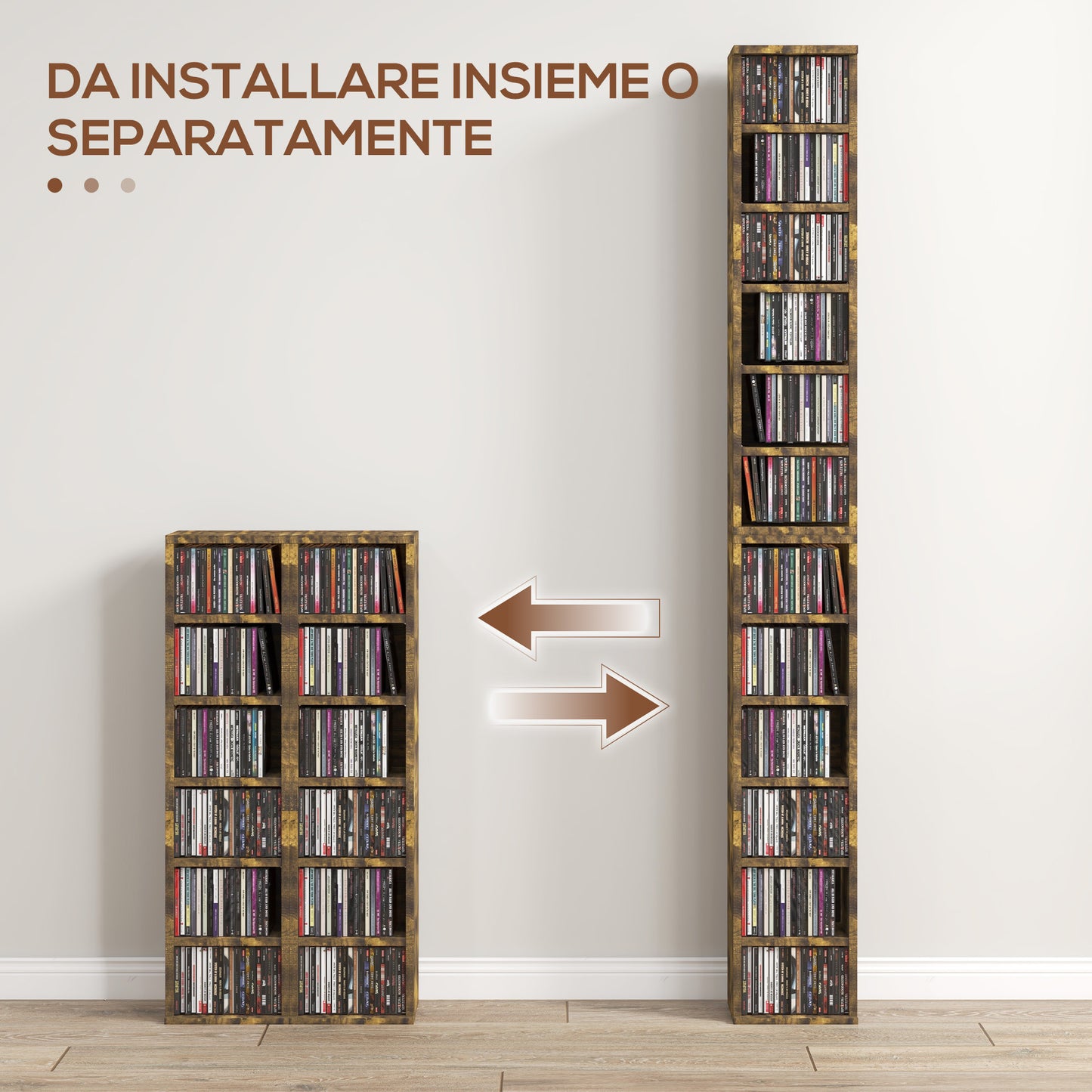 Set of 2 Bookcases CD Rack with 6 Shelves, Height Adjustable, Wooden, 21x19.2x88.3 cm, Brown