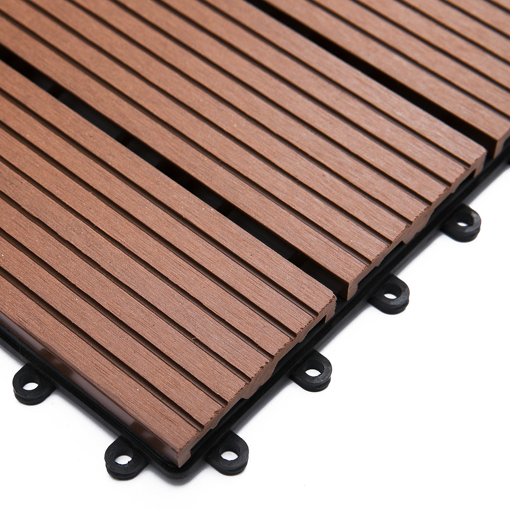 Set of 11 Non-Slip Interlocking Outdoor Tiles in Recycled HDPE, 30x30x2.2 cm, Brown