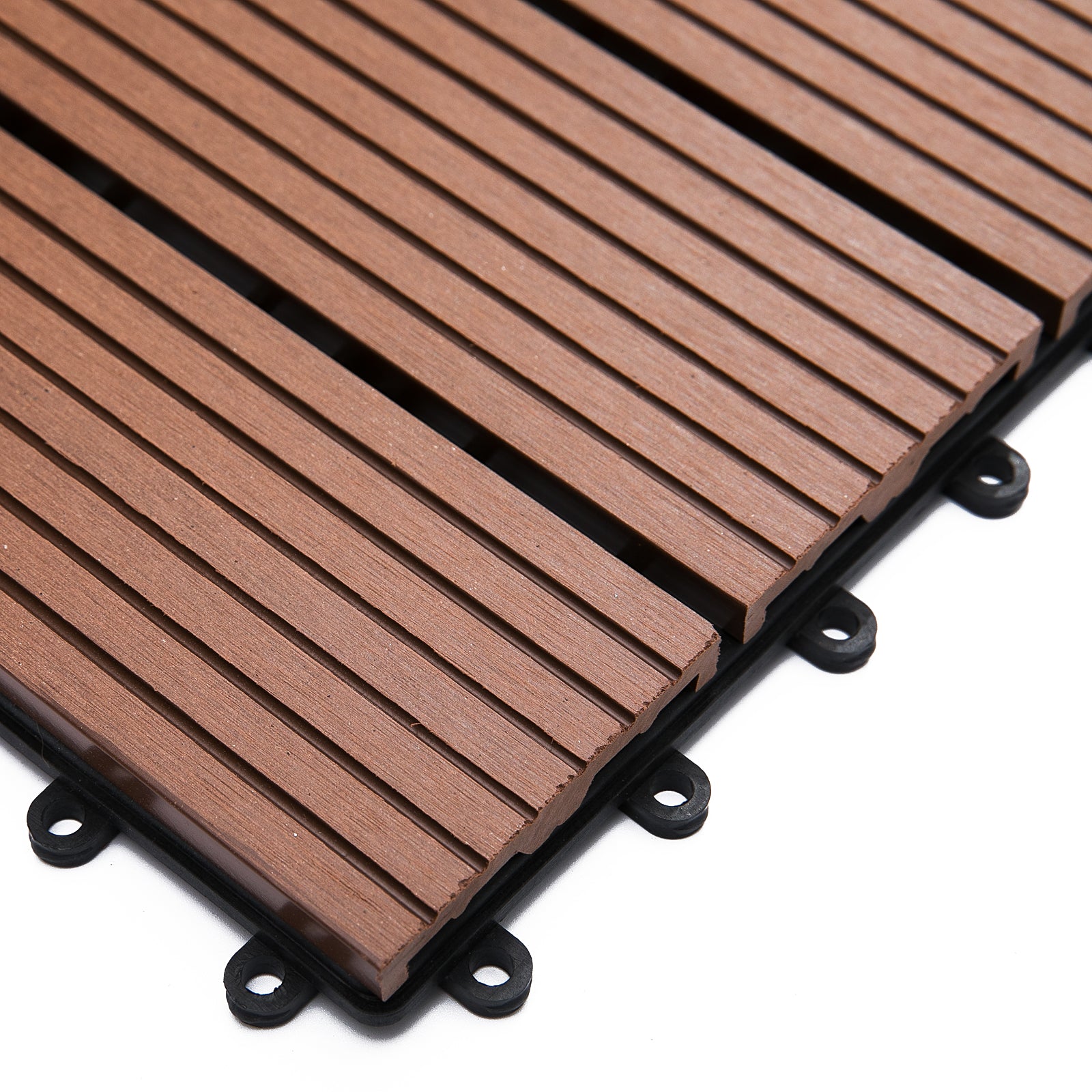 Set of 11 Non-Slip Interlocking Outdoor Tiles in Recycled HDPE, 30x30x2.2 cm, Brown