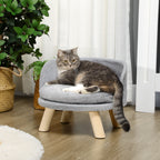 Round Dog Sofa in Plush Fabric and Wood with Extra Cushion, Ø40.5x33 cm, Grey and Wood Color